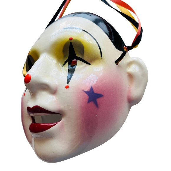 Vintage Clay Clown Face Mask With Ribbon Straps - Costume, Decor, Or Collectors - Picture 4 of 7